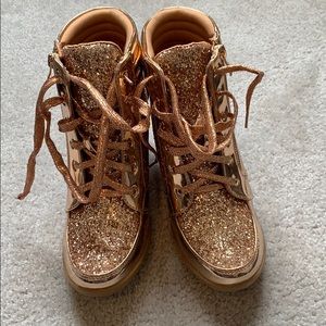 Rose gold wedge booties